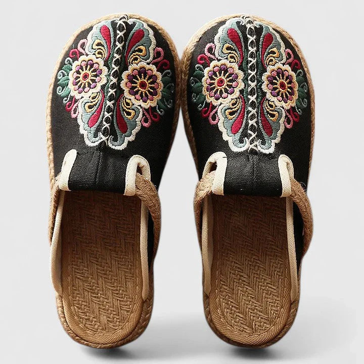 Womens Slip-On Slippers with Floral Embroidery