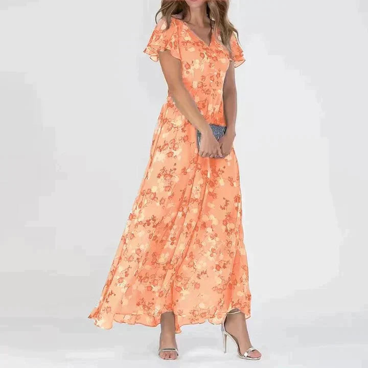 Womens Long Dress V-Neck Floral Pattern