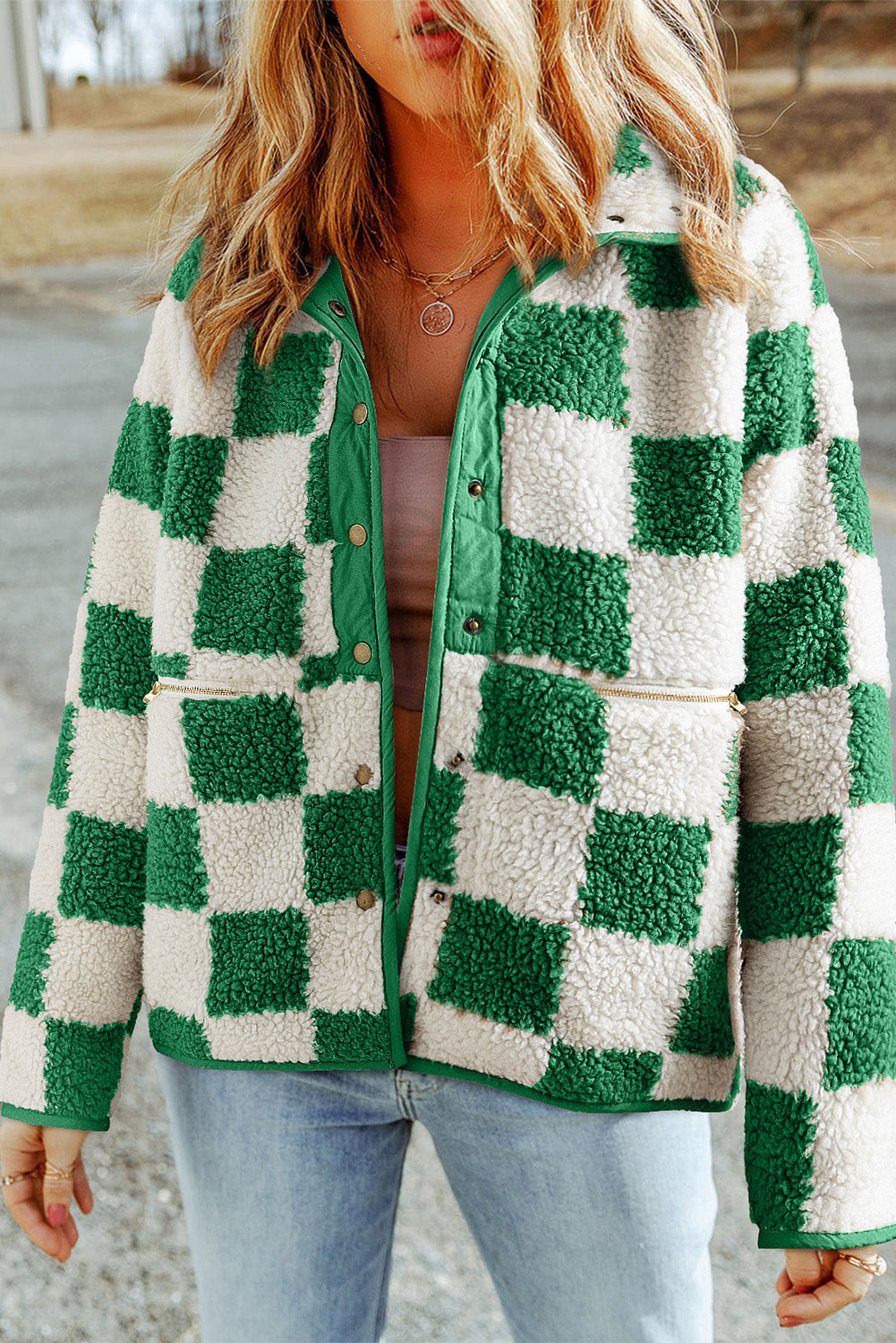 Womens Checked Sherpa Jacket with Press Studs Regular Fit - BritishMode