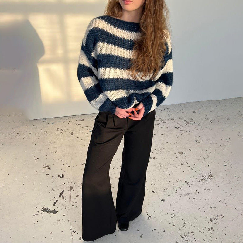 Womens Knit Sweater Striped Daisy Pattern