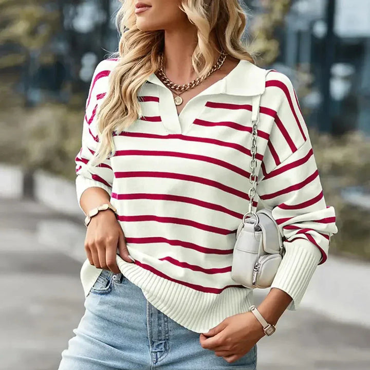Womens Striped Sweater with Collar Winter Knit - BritishMode