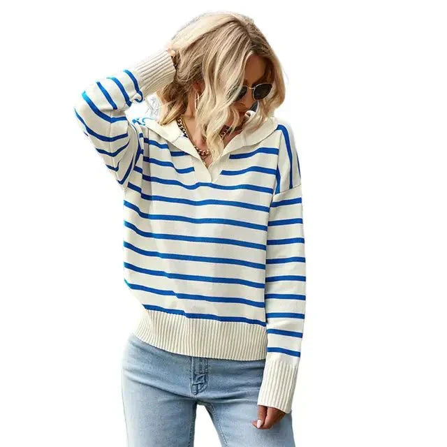 Womens Striped Sweater with Collar Winter Knit
