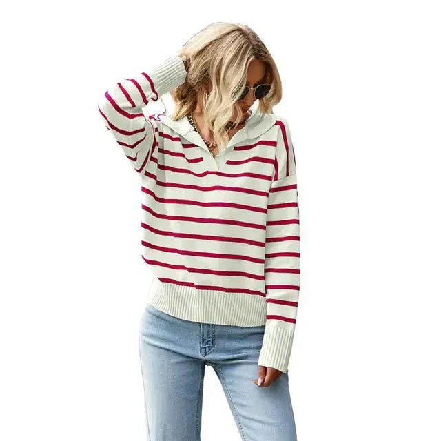 Womens Striped Sweater with Collar Winter Knit