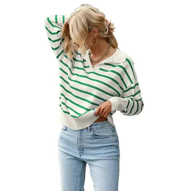 Womens Striped Sweater with Collar Winter Knit