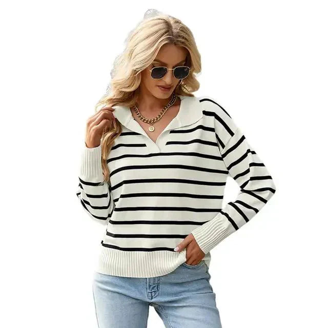 Womens Striped Sweater with Collar Winter Knit