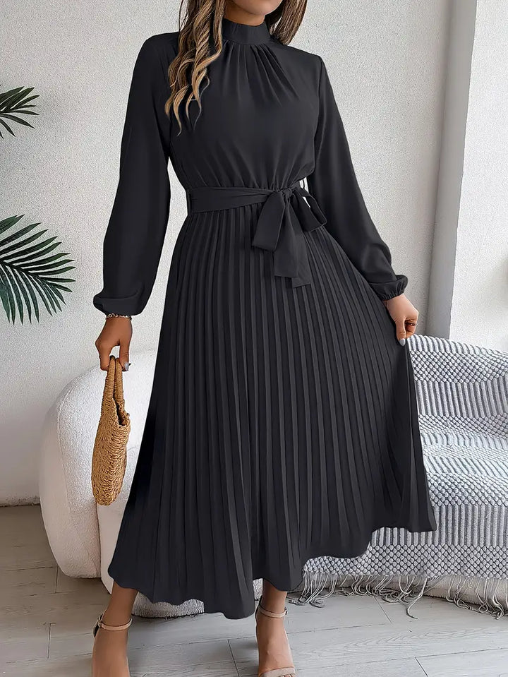 Womens A-Line Dress with Waist Belt Knee Length