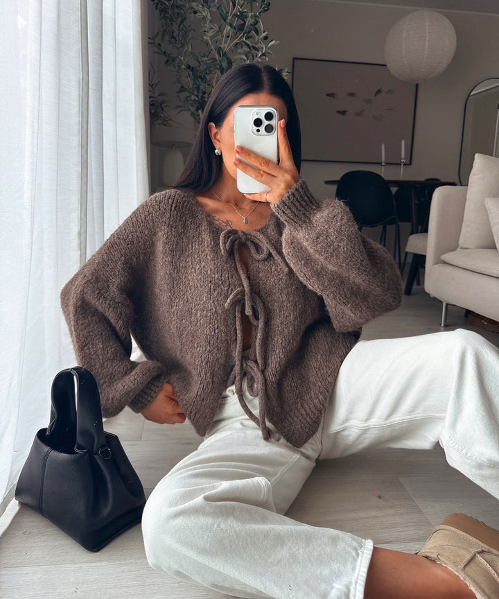 Womens Cardigan Knit Bow Detail Relaxed Fit