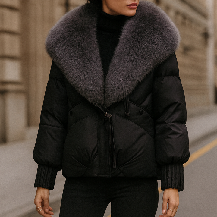Womens Puffer Jacket with Fur Collar Relaxed Fit Toggle Closure