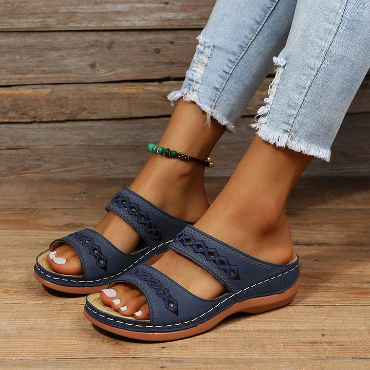 Womens Slip-On Sandals with Double Straps Cushioned Sole - BritishMode