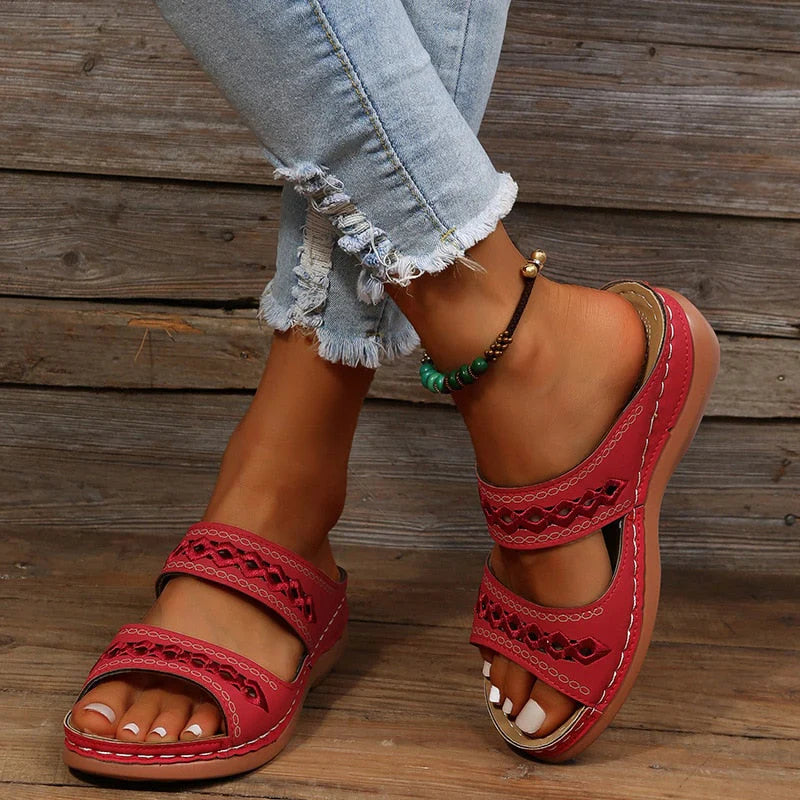 Womens Slip-On Sandals with Double Straps Cushioned Sole