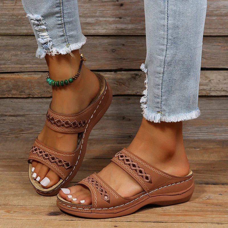 Womens Slip-On Sandals with Double Straps Cushioned Sole