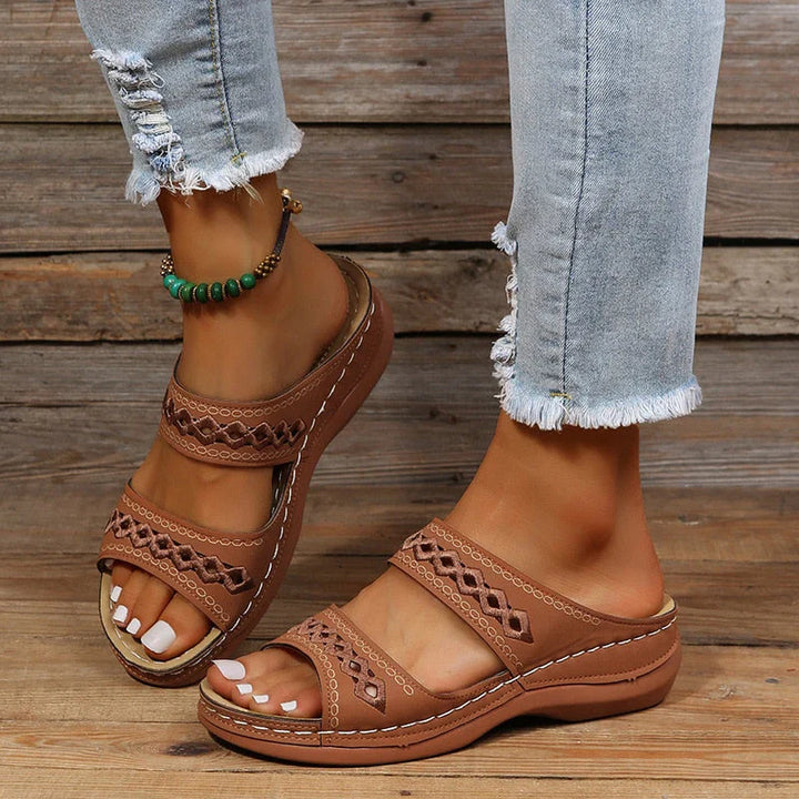 Womens Slip-On Sandals with Double Straps Cushioned Sole