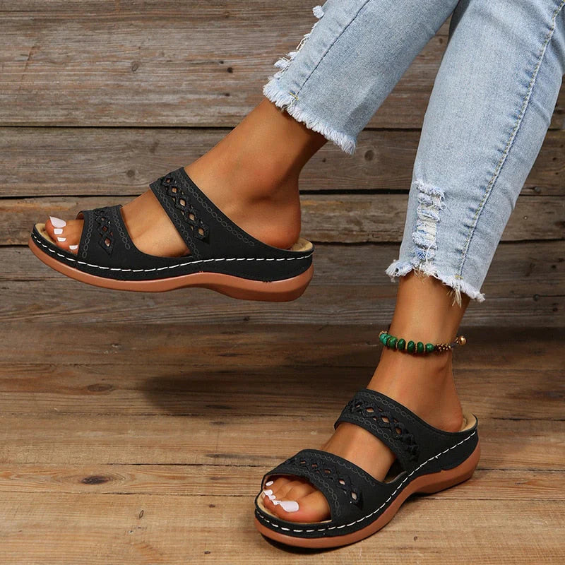 Womens Slip-On Sandals with Double Straps Cushioned Sole