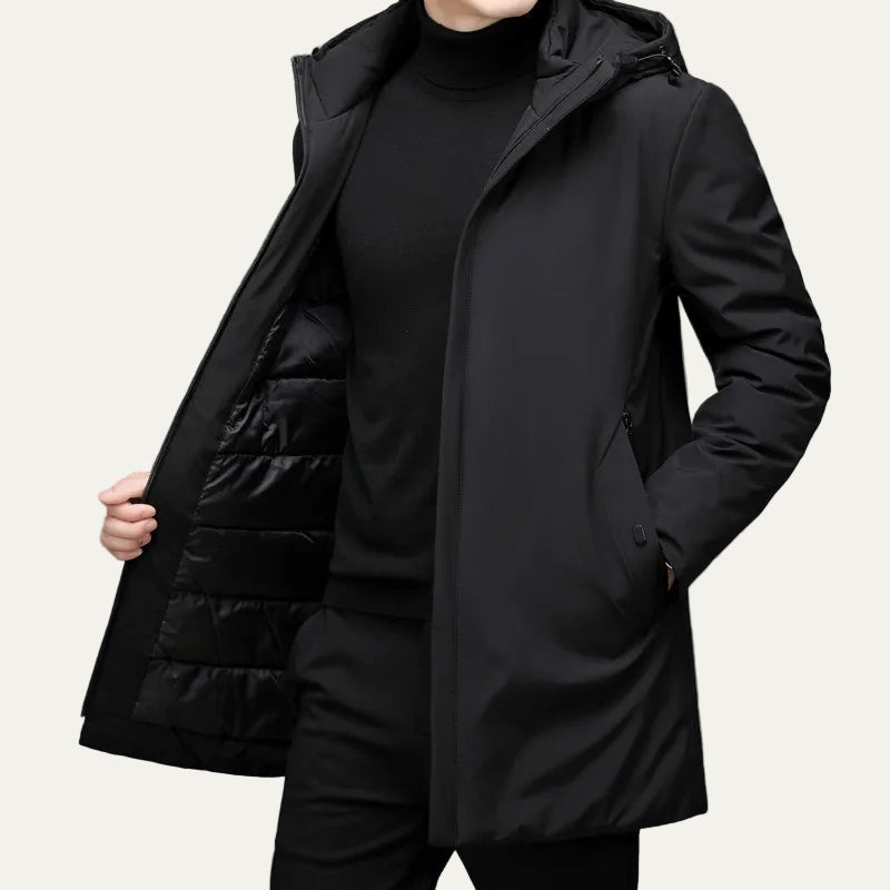 Mens Mid-Length Hooded Parka Sleek Fit