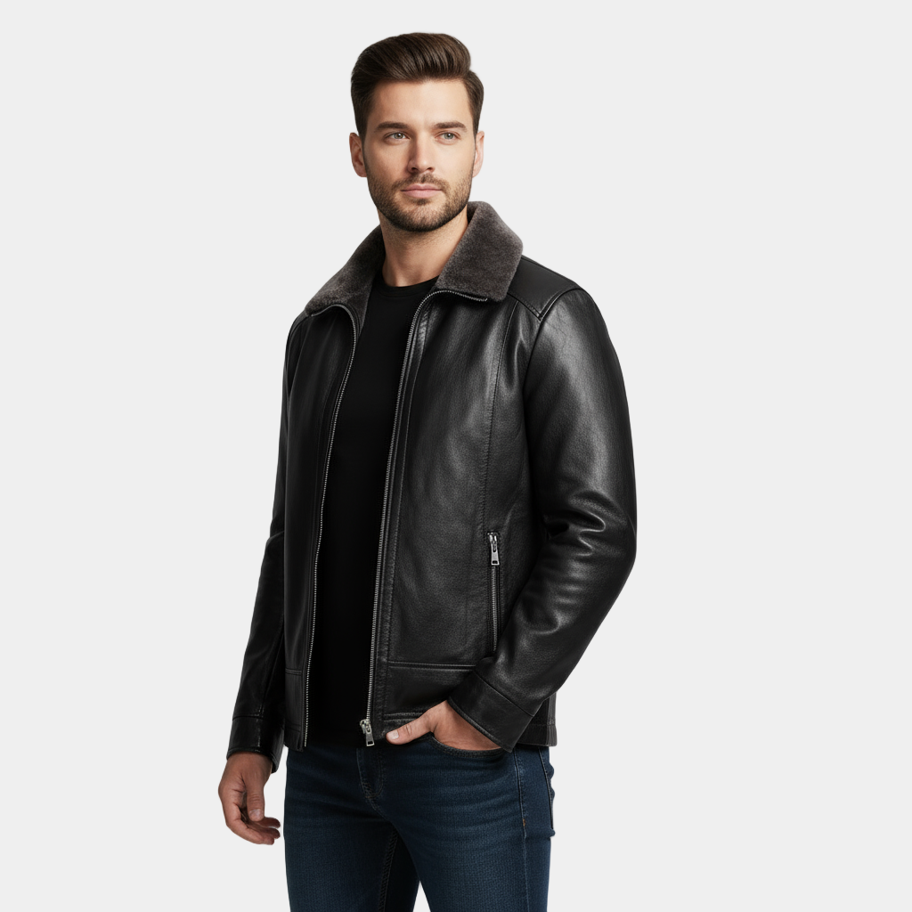 Womens Faux Leather Jacket with Shearling Trim Classic Fit - BritishMode