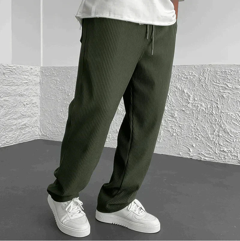 Mens Casual Trousers Pinstripe Drawstring Waist Relaxed Fit