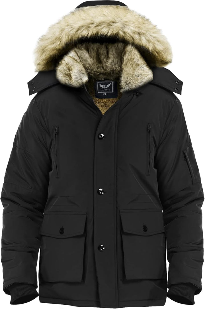Mens Mid-Length Parka with Detachable Hood Winter Outerwear