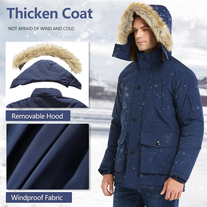 Mens Mid-Length Parka with Detachable Hood Winter Outerwear