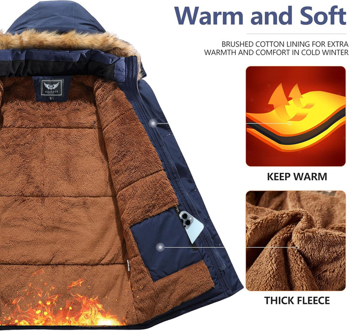 Mens Mid-Length Parka with Detachable Hood Winter Outerwear
