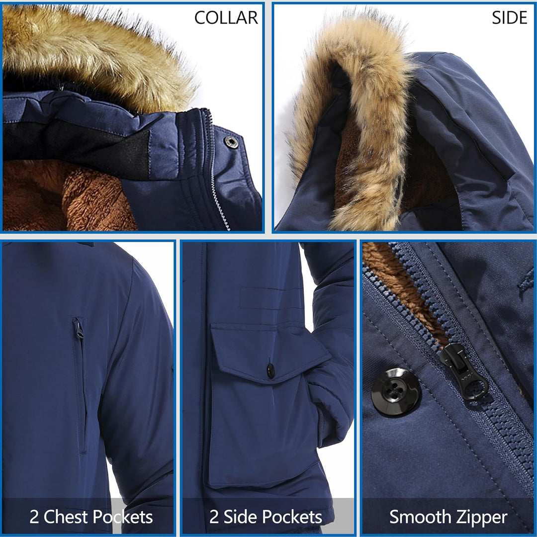 Mens Mid-Length Parka with Detachable Hood Winter Outerwear