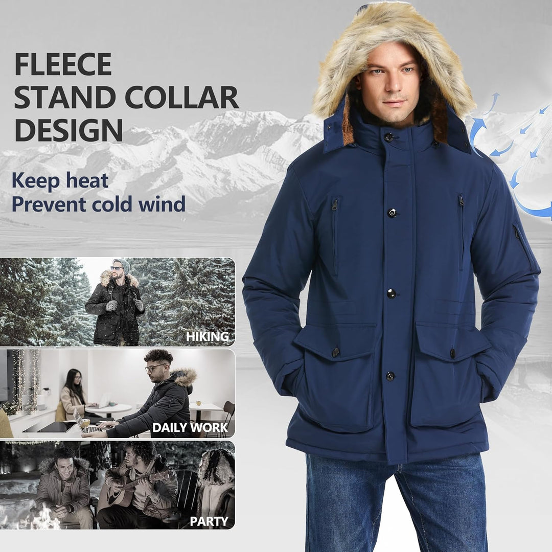 Mens Mid-Length Parka with Detachable Hood Winter Outerwear