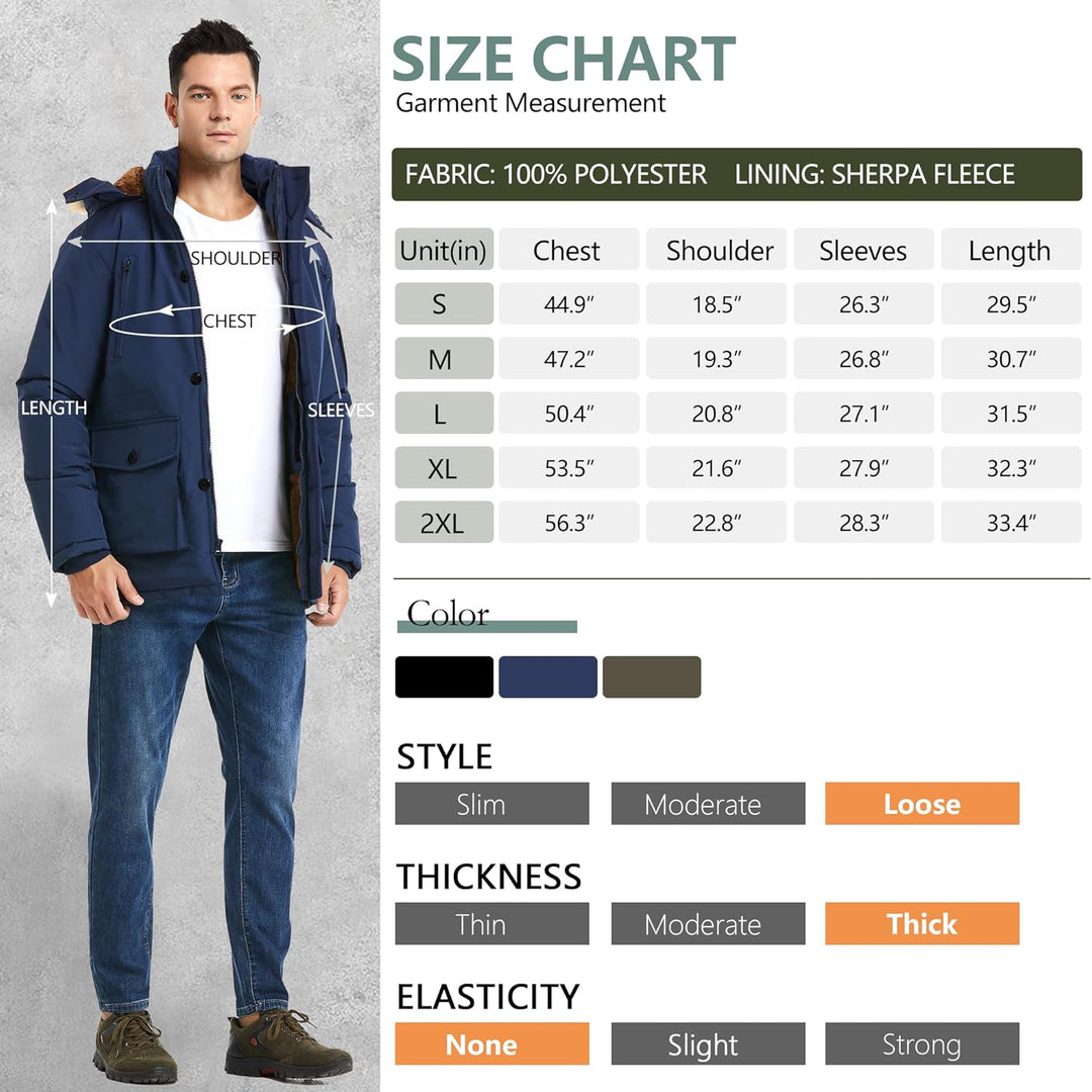Mens Mid-Length Parka with Detachable Hood Winter Outerwear