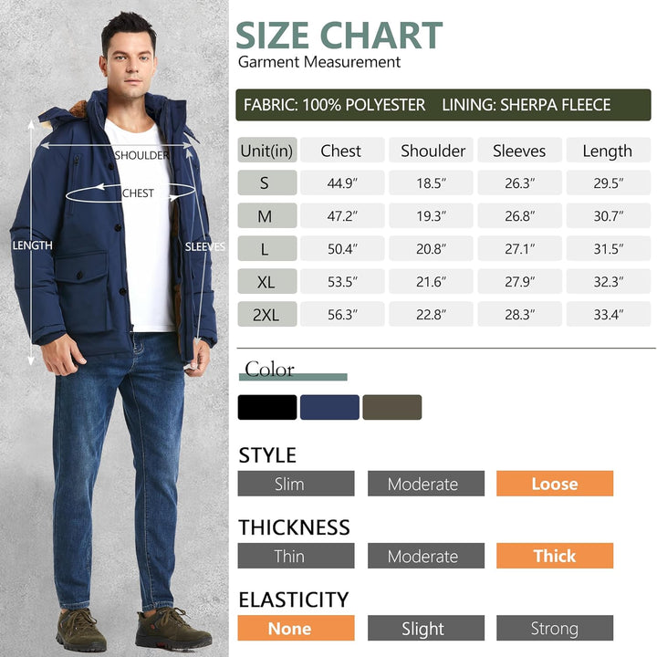 Mens Mid-Length Parka with Detachable Hood Winter Outerwear