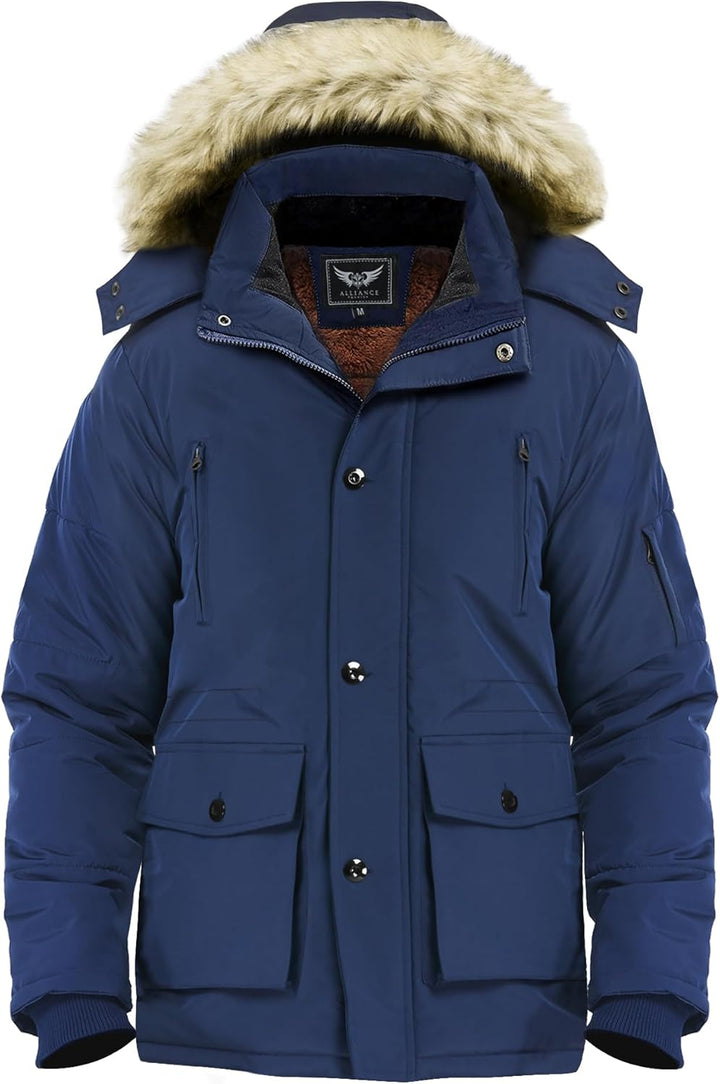 Mens Mid-Length Parka with Detachable Hood Winter Outerwear