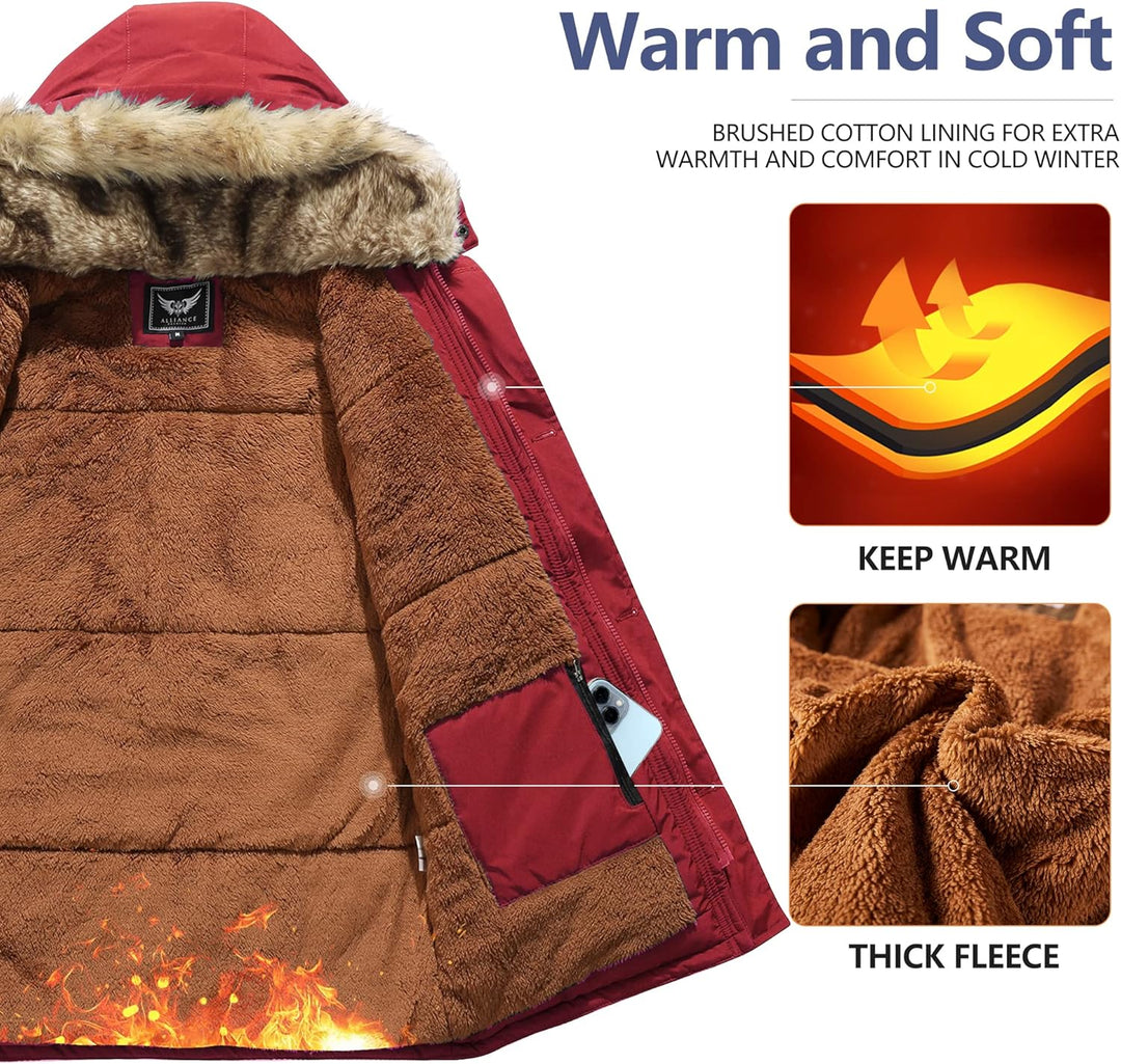 Mens Mid-Length Parka with Detachable Hood Winter Outerwear