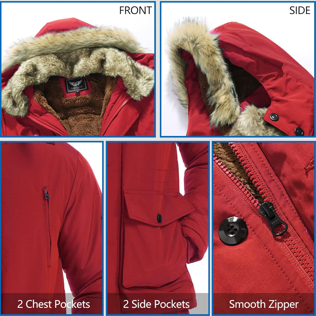 Mens Mid-Length Parka with Detachable Hood Winter Outerwear