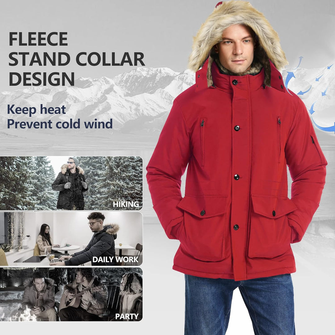 Mens Mid-Length Parka with Detachable Hood Winter Outerwear