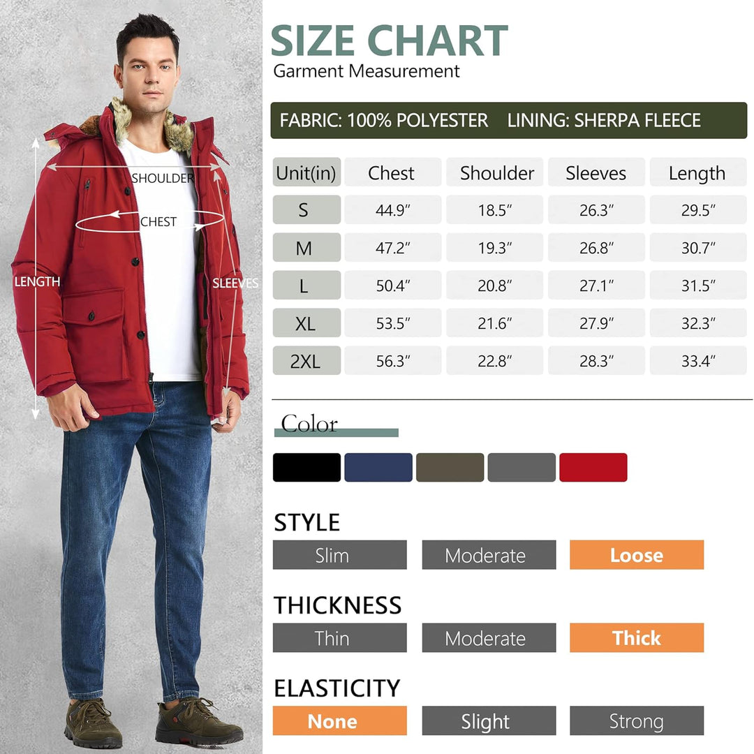 Mens Mid-Length Parka with Detachable Hood Winter Outerwear