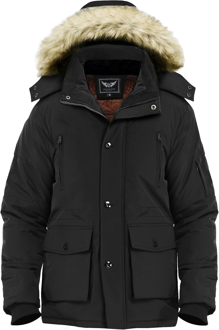 Mens Mid-Length Parka with Detachable Hood Winter Outerwear
