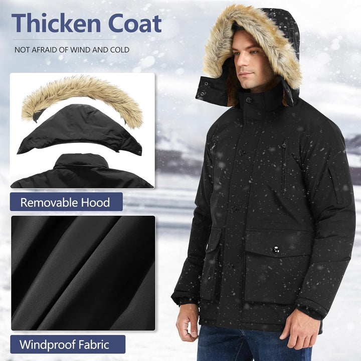 Mens Mid-Length Parka with Detachable Hood Winter Outerwear