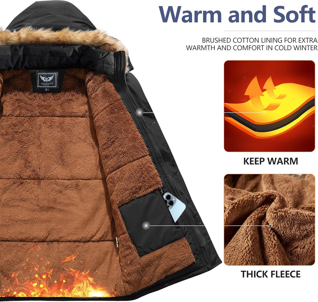 Mens Mid-Length Parka with Detachable Hood Winter Outerwear