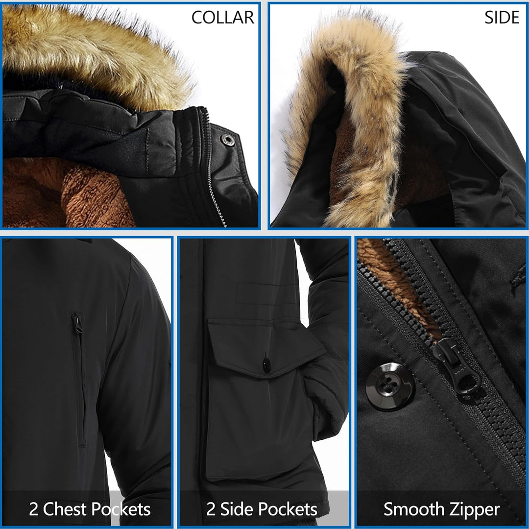 Mens Mid-Length Parka with Detachable Hood Winter Outerwear