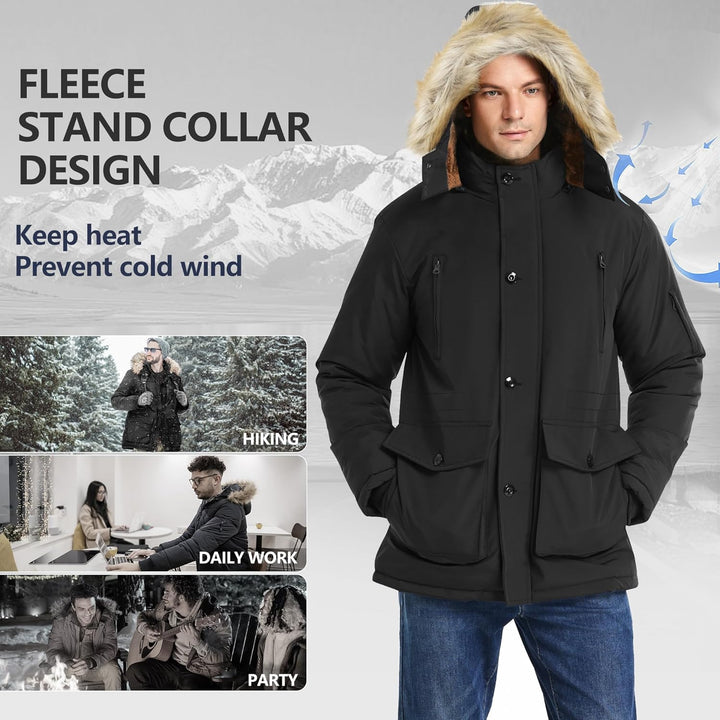Mens Mid-Length Parka with Detachable Hood Winter Outerwear