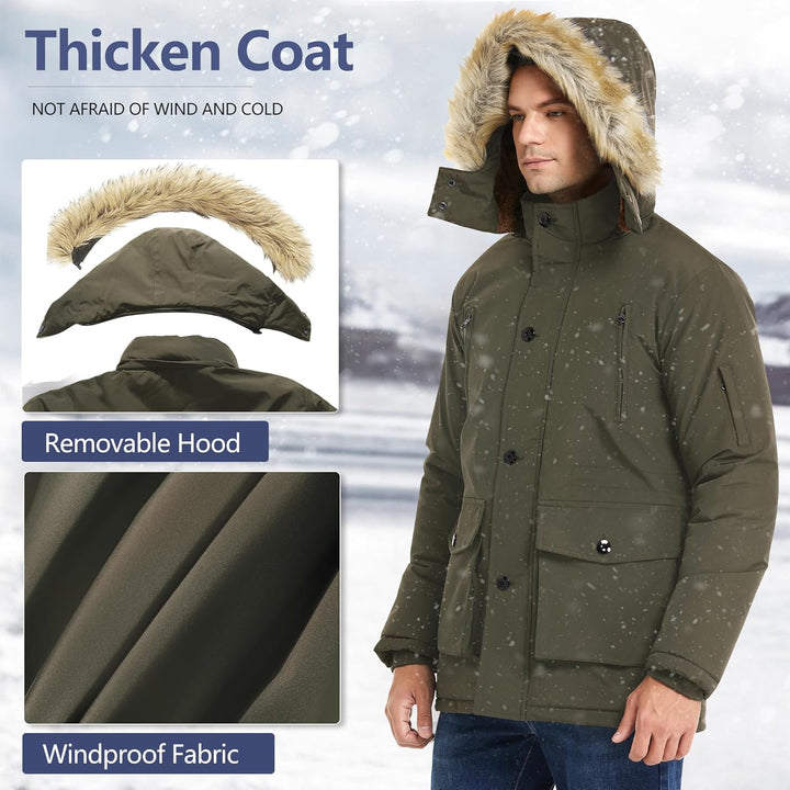 Mens Mid-Length Parka with Detachable Hood Winter Outerwear