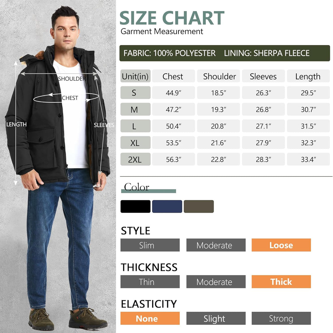 Mens Mid-Length Parka with Detachable Hood Winter Outerwear