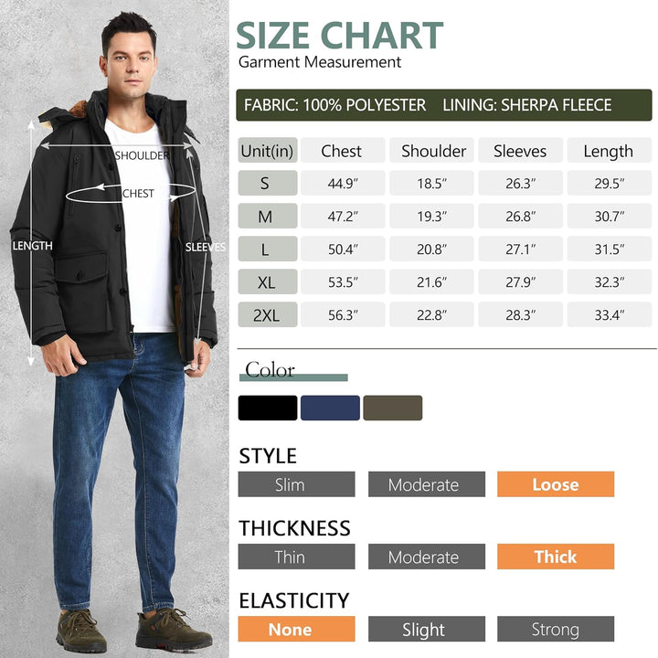 Mens Mid-Length Parka with Detachable Hood Winter Outerwear