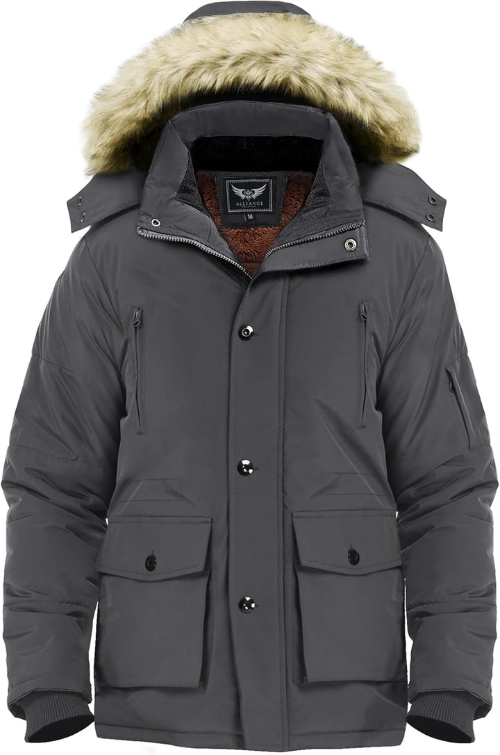 Mens Mid-Length Parka with Detachable Hood Winter Outerwear