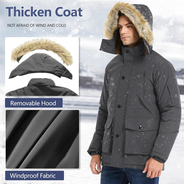 Mens Mid-Length Parka with Detachable Hood Winter Outerwear