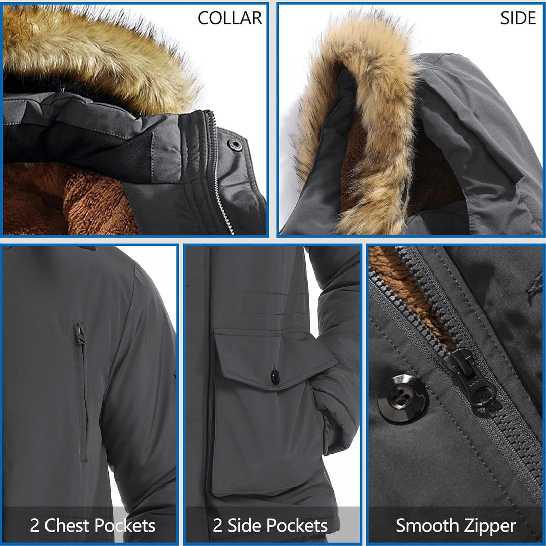 Mens Mid-Length Parka with Detachable Hood Winter Outerwear