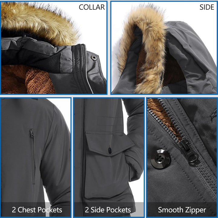 Mens Mid-Length Parka with Detachable Hood Winter Outerwear