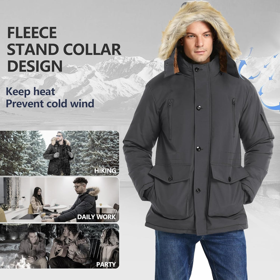 Mens Mid-Length Parka with Detachable Hood Winter Outerwear