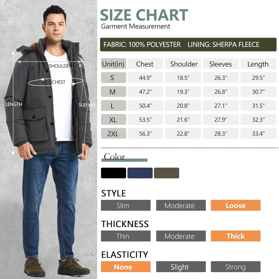 Mens Mid-Length Parka with Detachable Hood Winter Outerwear