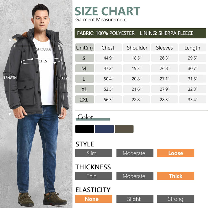 Mens Mid-Length Parka with Detachable Hood Winter Outerwear