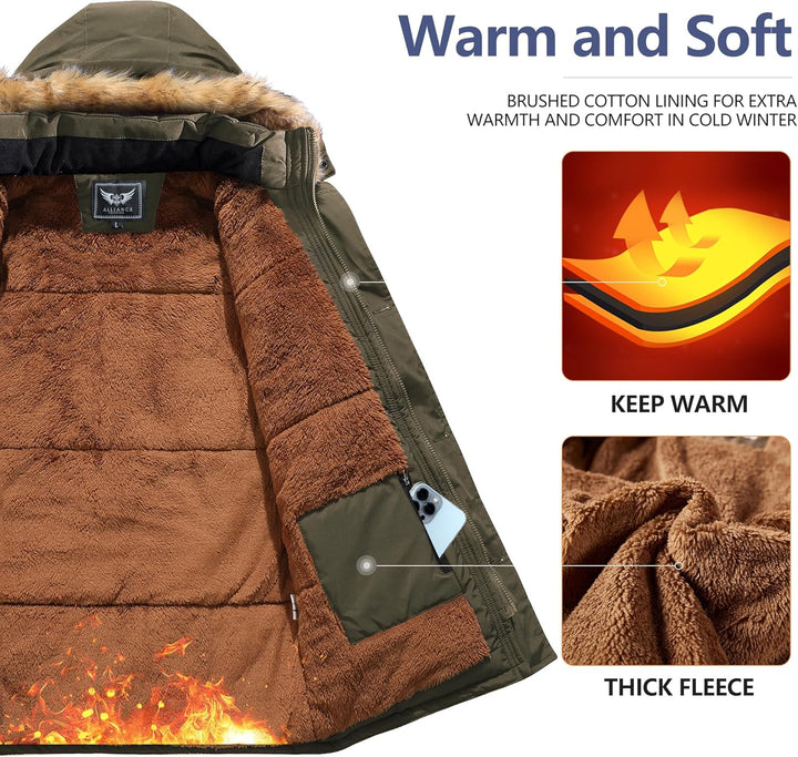 Mens Mid-Length Parka with Detachable Hood Winter Outerwear