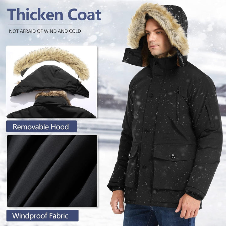 Mens Mid-Length Parka with Detachable Hood Winter Outerwear