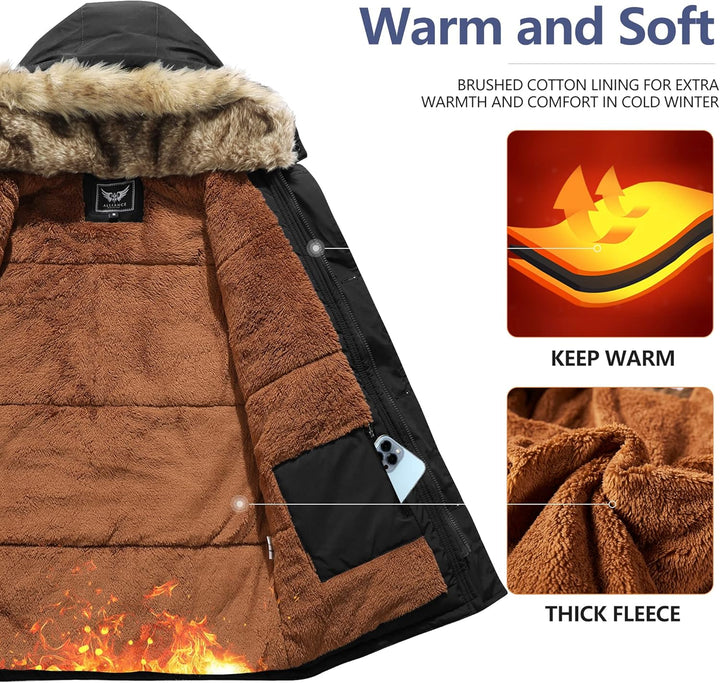 Mens Mid-Length Parka with Detachable Hood Winter Outerwear